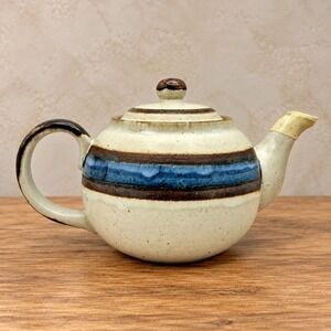 Vintage Otagiri Horizon Stoneware Teapot Japan Blue Brown Stripe 5 Cup